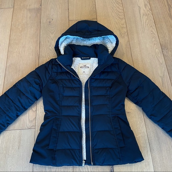 Navy Sherpa Lined Puffer Jacket with Hood - Picture 2 of 11